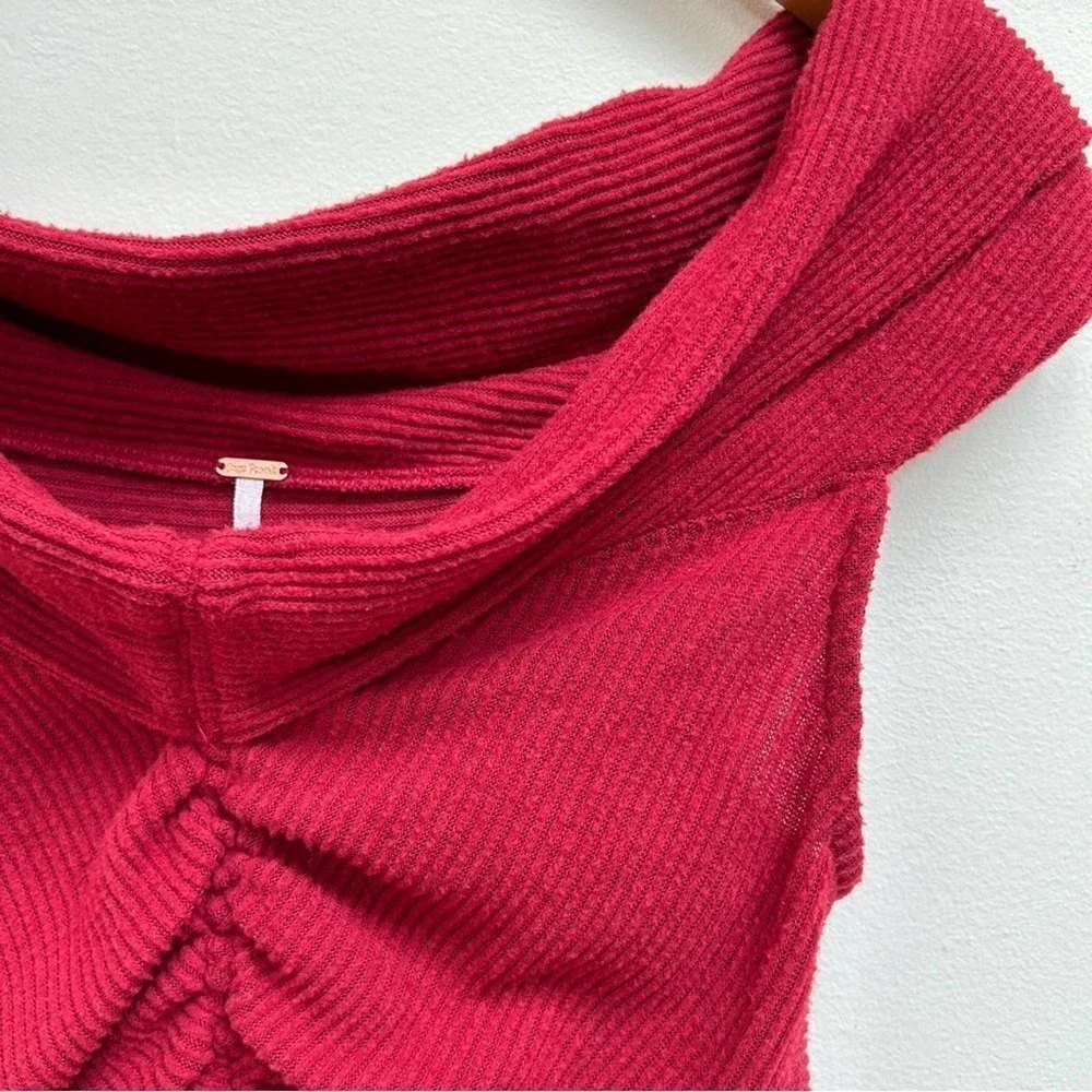 Free People FP This Cutie Red Ribbed Off Shoulder Top, Size Small